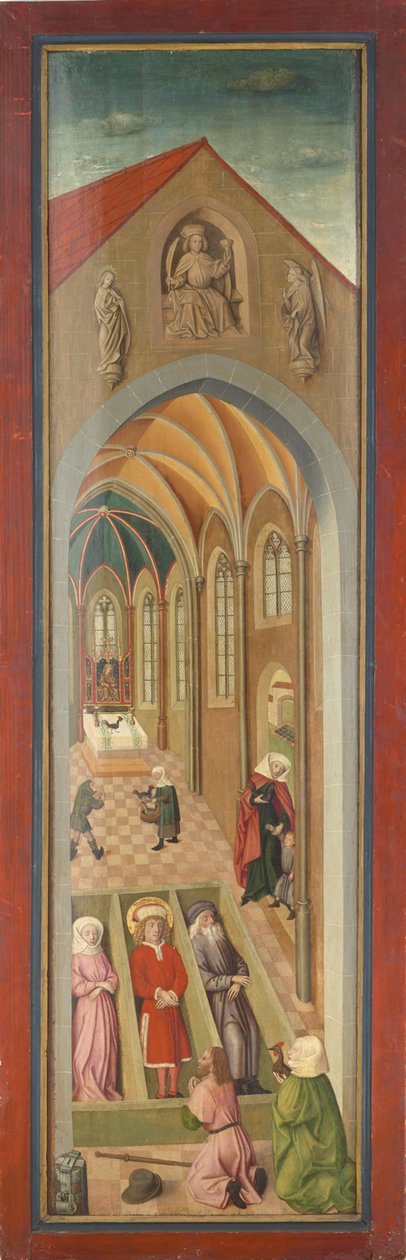 Painel do Altar de St. Vitus da Igreja do Mosteiro de Tegernsee, Saints Vitus, Modestus e Crescentia nos seus caixões, venerados por um casal de peregrinos de Gabriel Maeleßkircher
