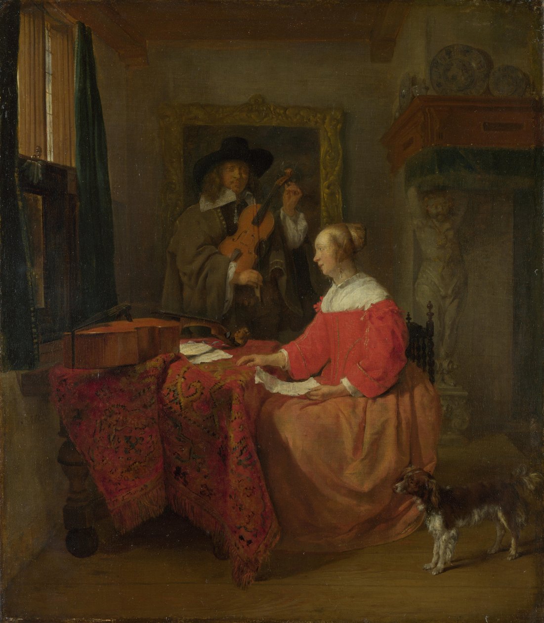 Uma mulher sentada à mesa e um homem afinando um violino, c. 16571658 de Gabriel Metsu
