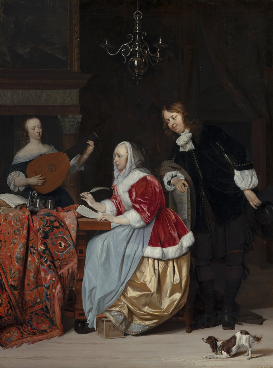 Uma jovem mulher a compor um pedaço de música de Gabriel Metsu