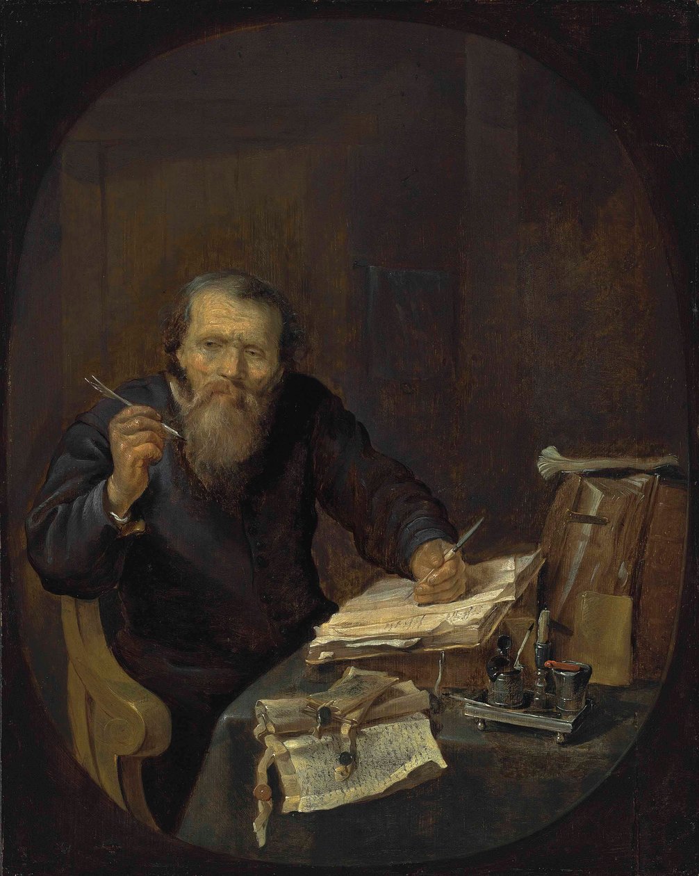 Um notário a afiar a sua caneta, num interior de Gabriel Metsu