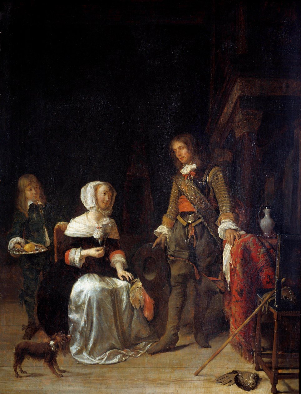 Um soldado visitando uma menina Pintura de Gabriel Metsu (1629-1667) Sol do século XVII. 0,63x0,47 m de Gabriel Metsu