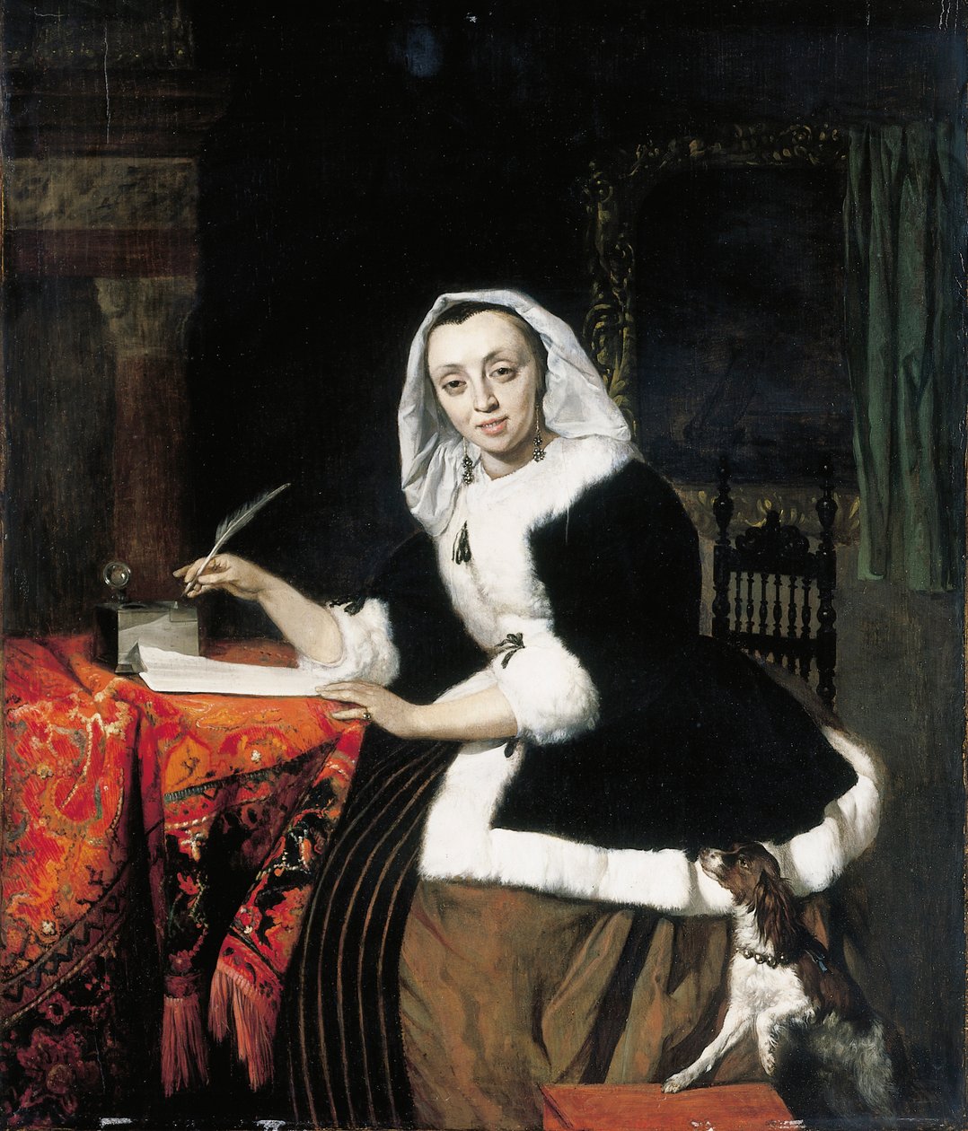 Uma senhora elegante, escrevendo em sua mesa, com um cachorro ao lado dela de Gabriel Metsu