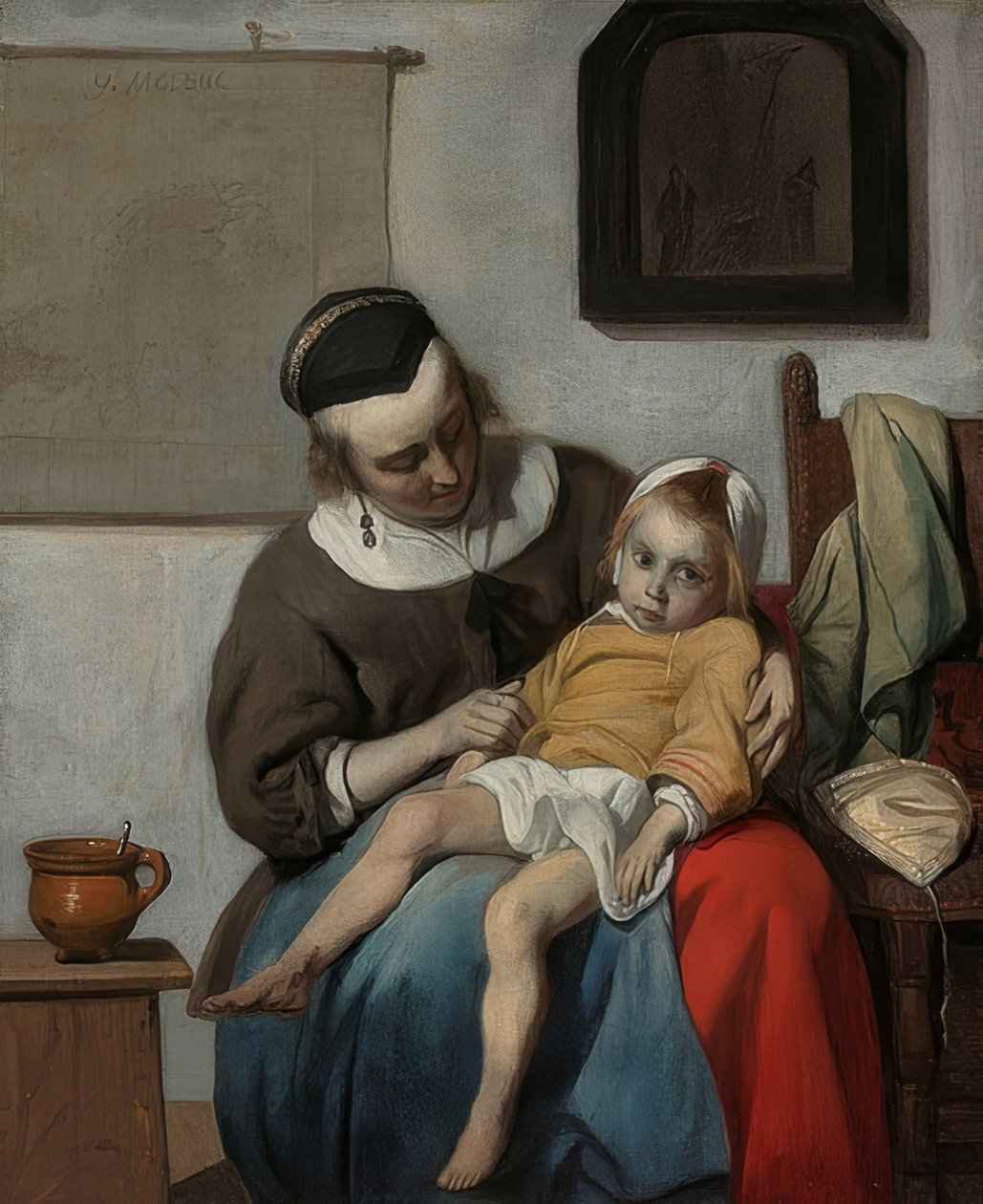 A criança doente. Por volta de 1664-66 de Gabriel Metsu