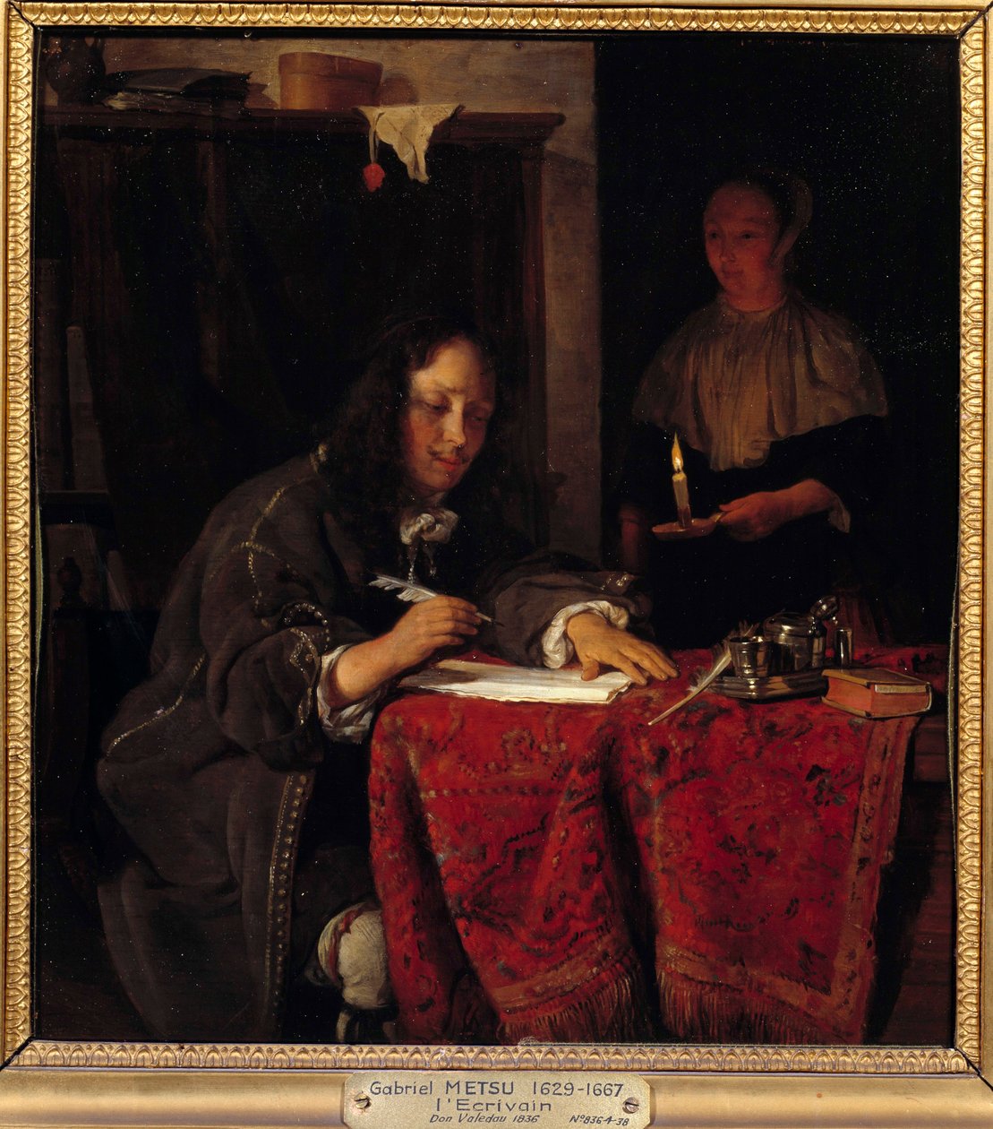 O escritor. O empregado segura uma vela para que o escritor tenha luz para escrever de Gabriel Metsu