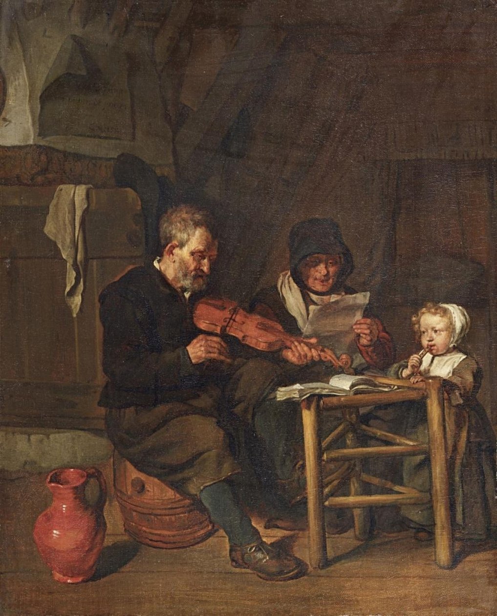 Holandês: Soo de oude songen, soo piepen de jongen As the old sing, soo pipe the young de Gabriel Metsu