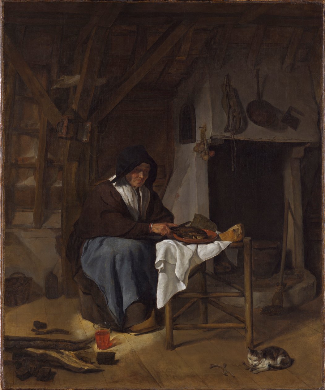 Mulher idosa a fazer as suas refeições num interior de Gabriel Metsu