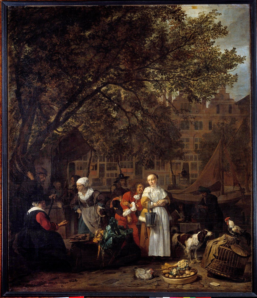 A Caminhada das Ervas de Amsterdam Pintura de Gabriel Metsu (1629-1667) Sol do século 17. 0,97x0,84 m Paris musee du Louvre de Gabriel Metsu