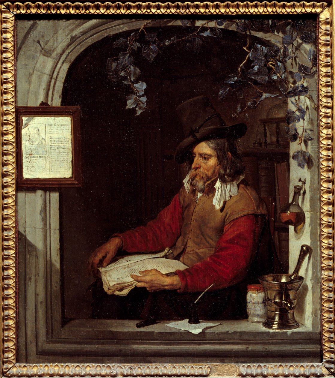 O boticário ou o farmacêutico. Pintura de Gabriel Metsu (1629-1667) Ec. Hol. de Gabriel Metsu