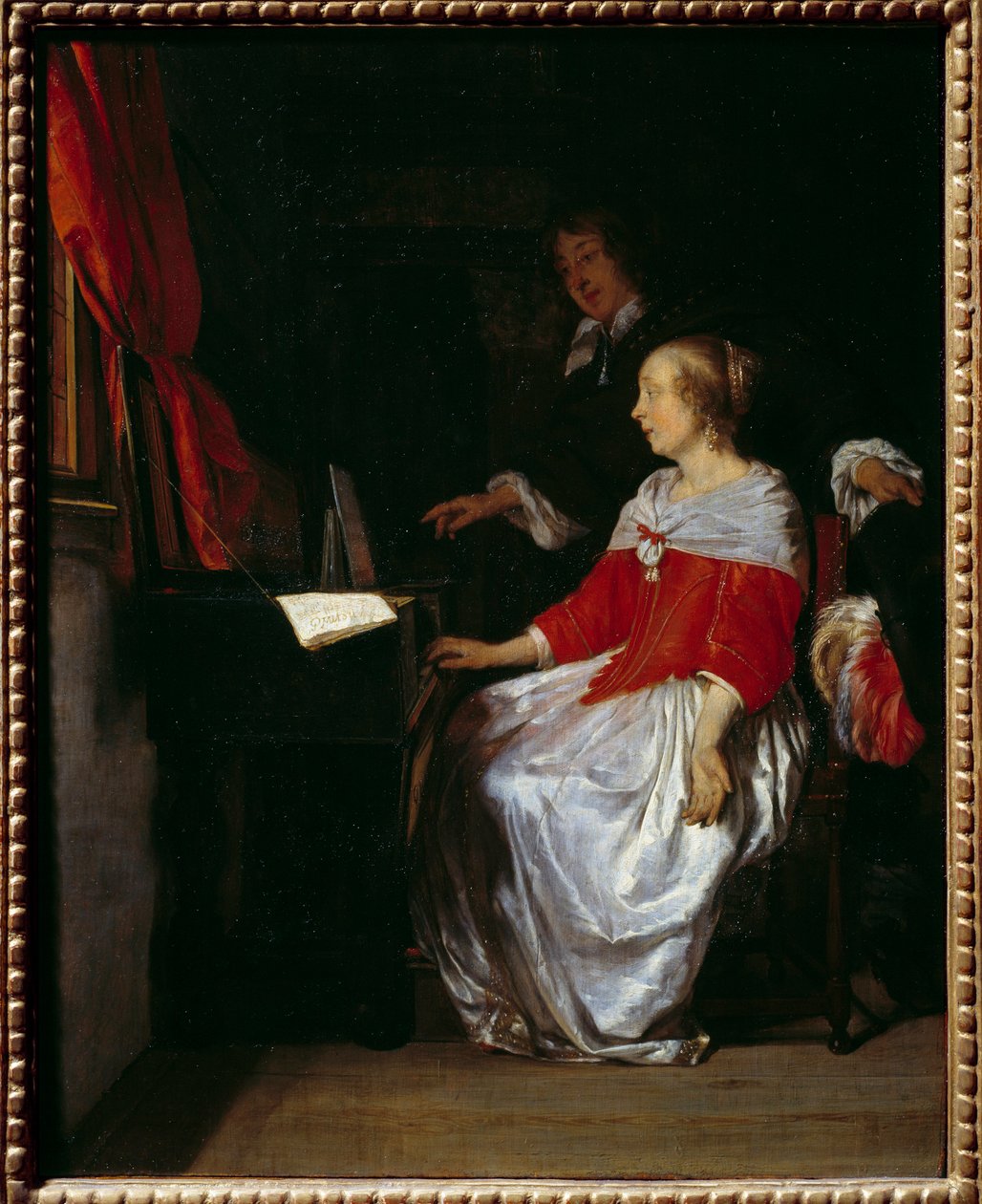 A palestra do Virginal. Pintura de Gabriel Metsu (1629-1667), ec. holl. de Gabriel Metsu