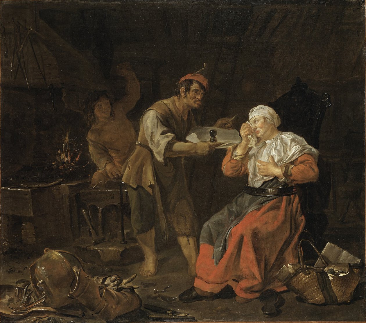 Mulher a chorar numa oficina de ferreiro de Gabriel Metsu