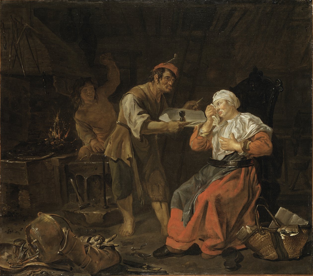 Chorando mulher em uma loja de ferreiro, c.1650 de Gabriel Metsu
