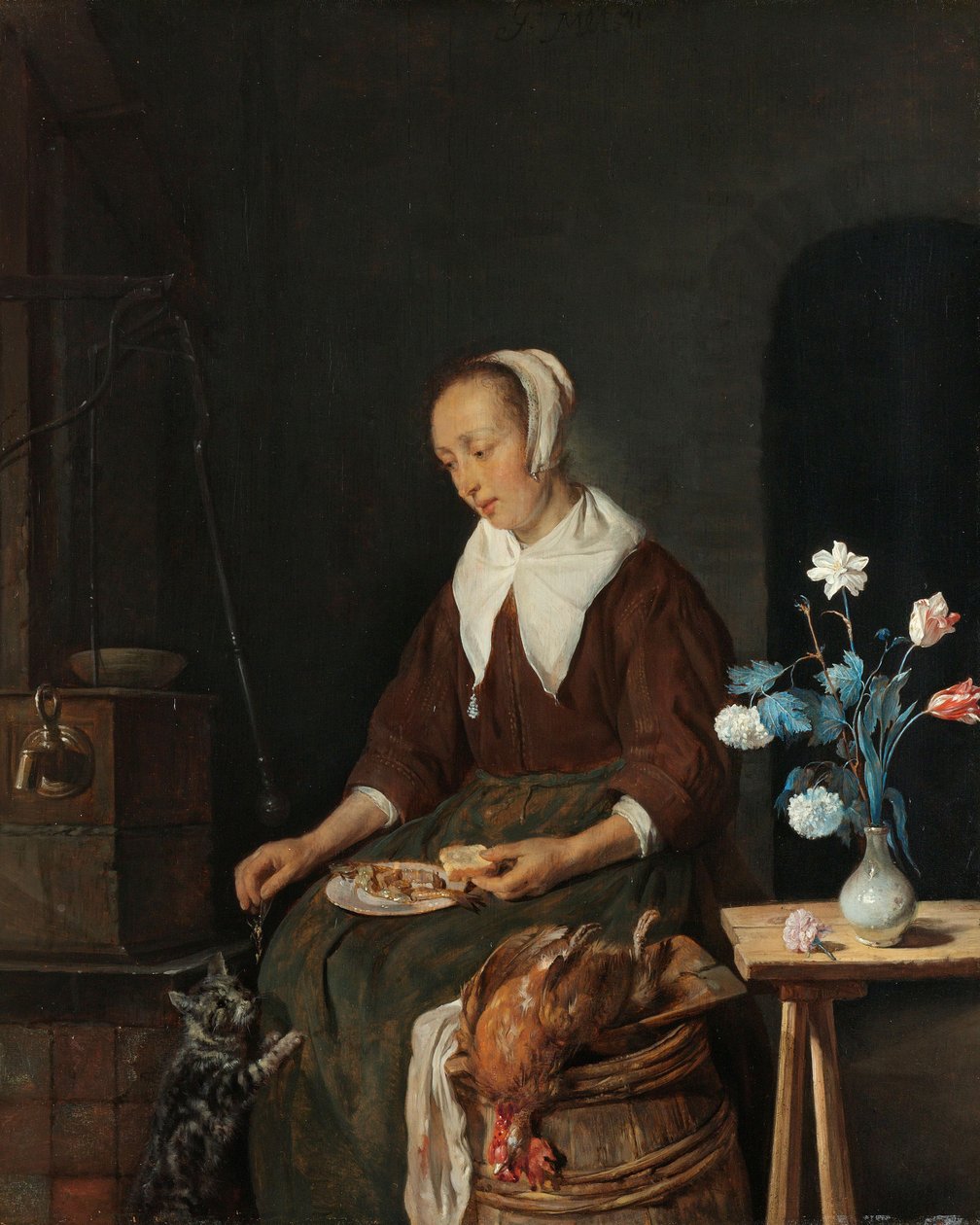 Mulher a comer, conhecido como "O pequeno-almoço do gato", c.1661-64 (óleo sobre painel) de Gabriel Metsu