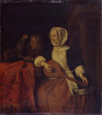 Mulher a tocar bandolim, c.1660-65 (óleo no painel) de Gabriel Metsu