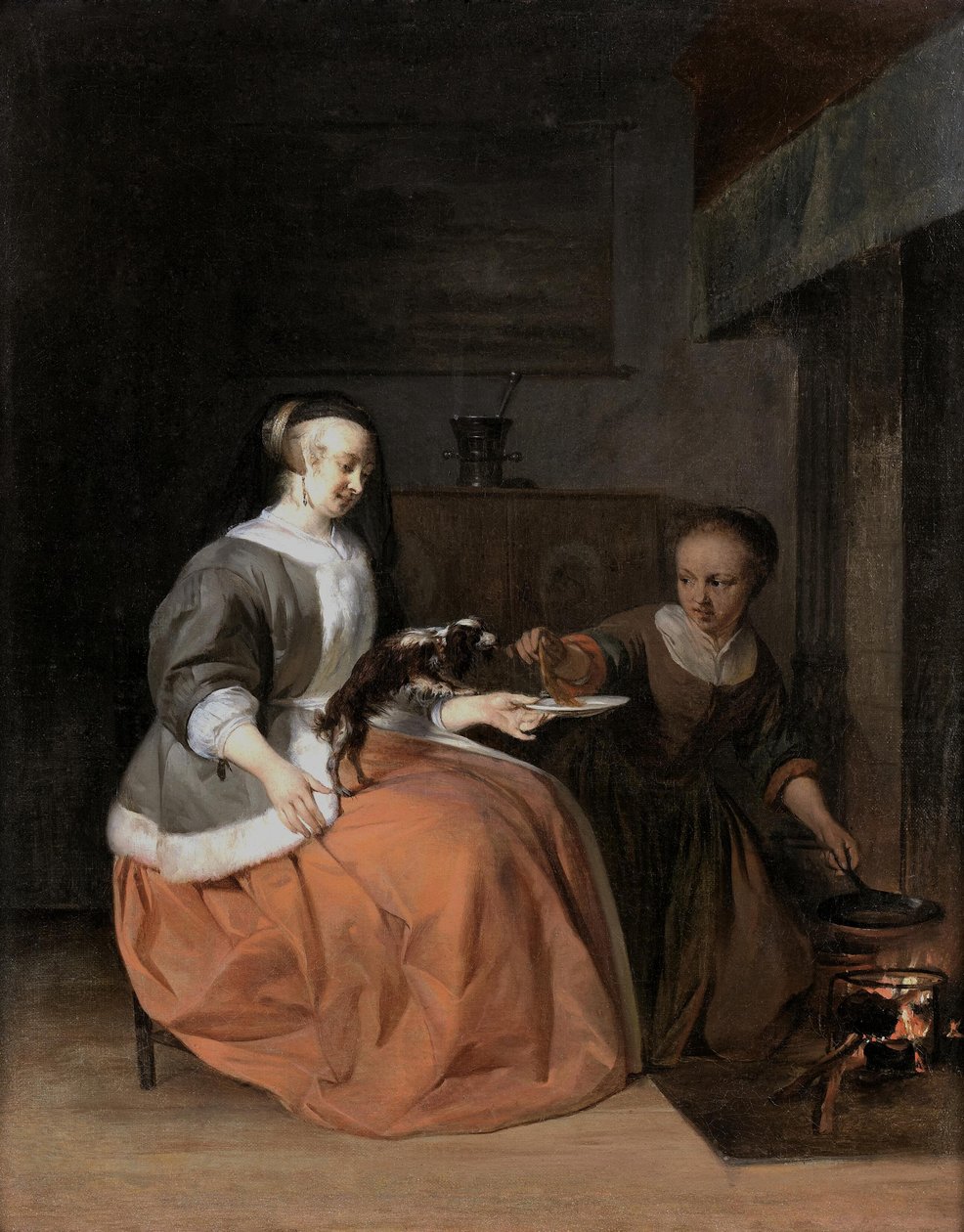 Mulher jovem e criada dão uma panqueca a um cão de Gabriel Metsu