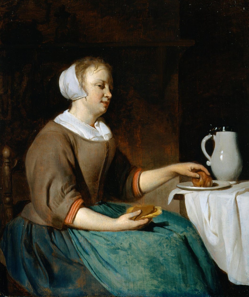 Mulher jovem a comer numa mesa de Gabriel Metsu