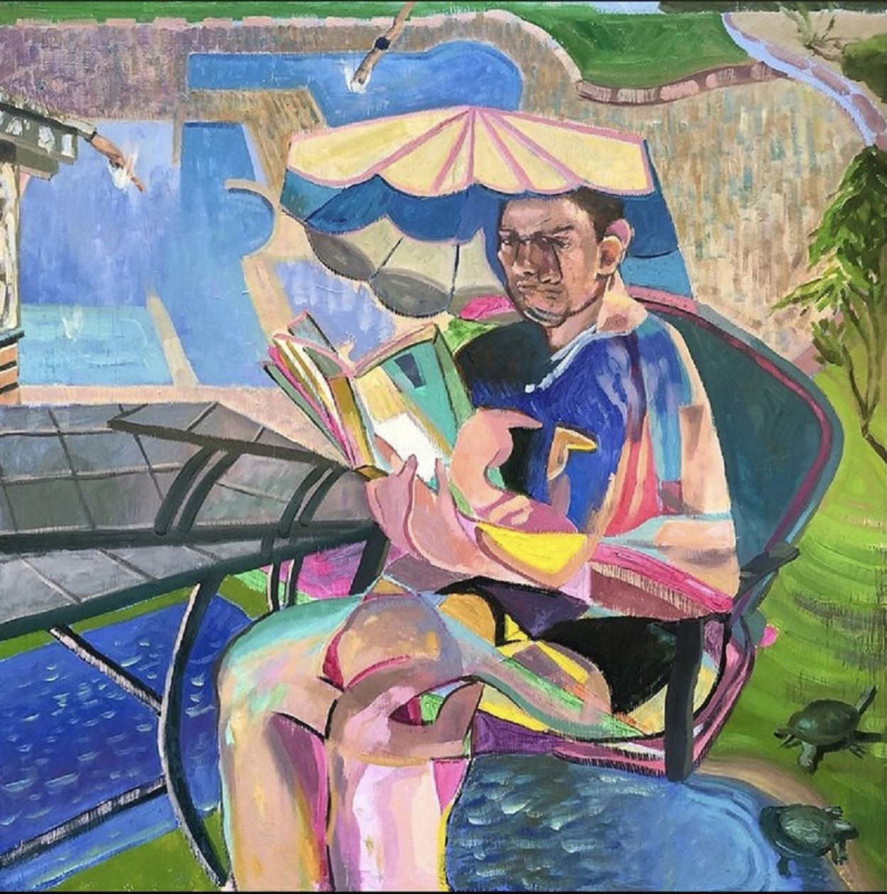 Dois mergulhadores, duas tartarugas e um homem que fala sozinho, 2021 (óleo sobre painel) de Gabriel Palma