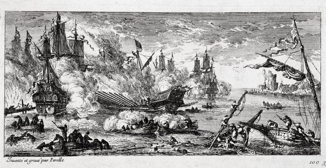 Batalha Naval de Agosta (actualmente Augusta na Sicília) entre a frota francesa e uma aliança espanhola e holandesa em 22 de Abril de 1676. Também chamada Batalha do Monte Gibel (Monte Gibel) ou Batalha de Famagusta. de Gabriel Perelle