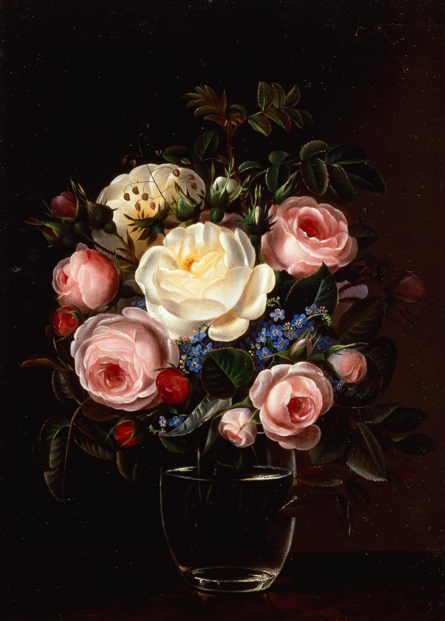 Peónias num vaso sobre uma mesa (óleo sobre tela) de Gabriel Schachinger