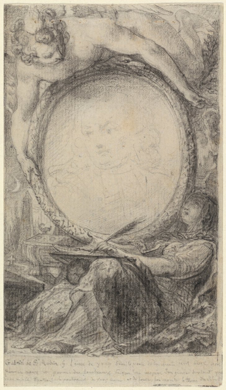 Quadro Alegórico com um Génio e uma Mulher Velada a Escrever, c.1769 (giz preto sobre papel) de Gabriel de Saint-Aubin
