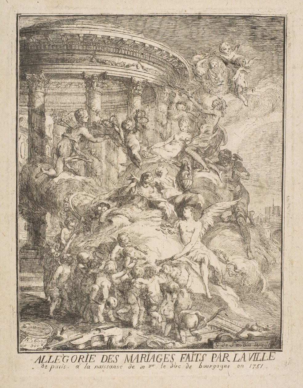 Alegoria de casamentos realizados pela cidade de Paris no nascimento do duque da Borgonha, 1752. de Gabriel de Saint Aubin