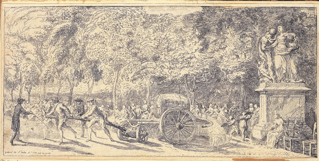 Figuras puxando um barril em um carrinho nos Jardins das Tulherias, 1760 de Gabriel de Saint Aubin