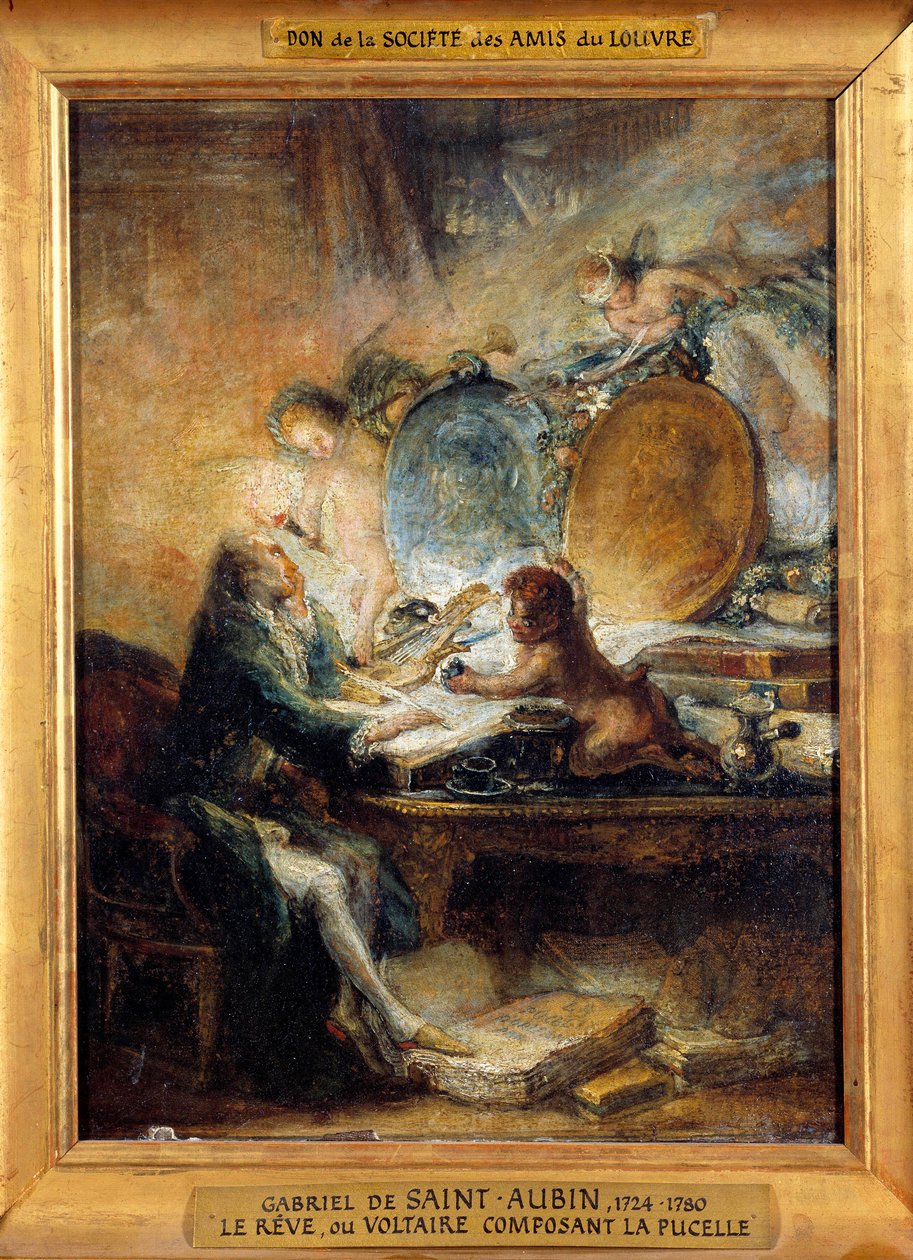 Le Reve ou Voltaire (1694-1778) que compõe a pintura "A Criada" de Gabriel Jacques de Saint Aubin (1724-1780) Sol. 0,32x0,24 m de Gabriel de Saint Aubin
