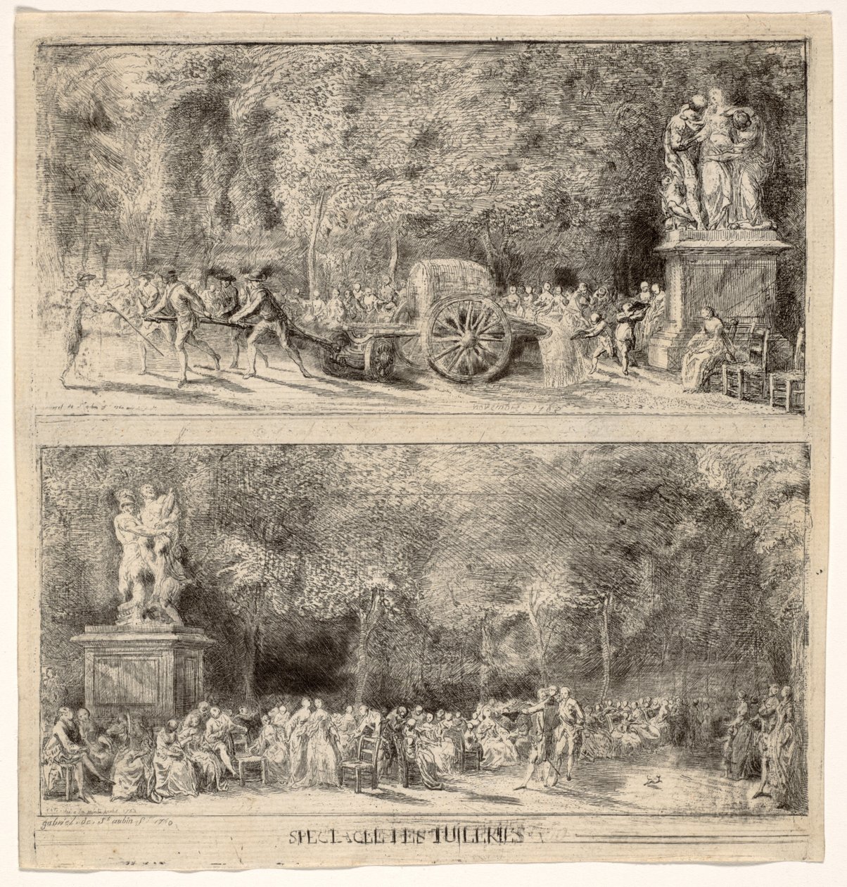 Cenas das Tulherias: As cadeiras e o carrinho de água, 1760, retocado em 1763 de Gabriel de Saint Aubin