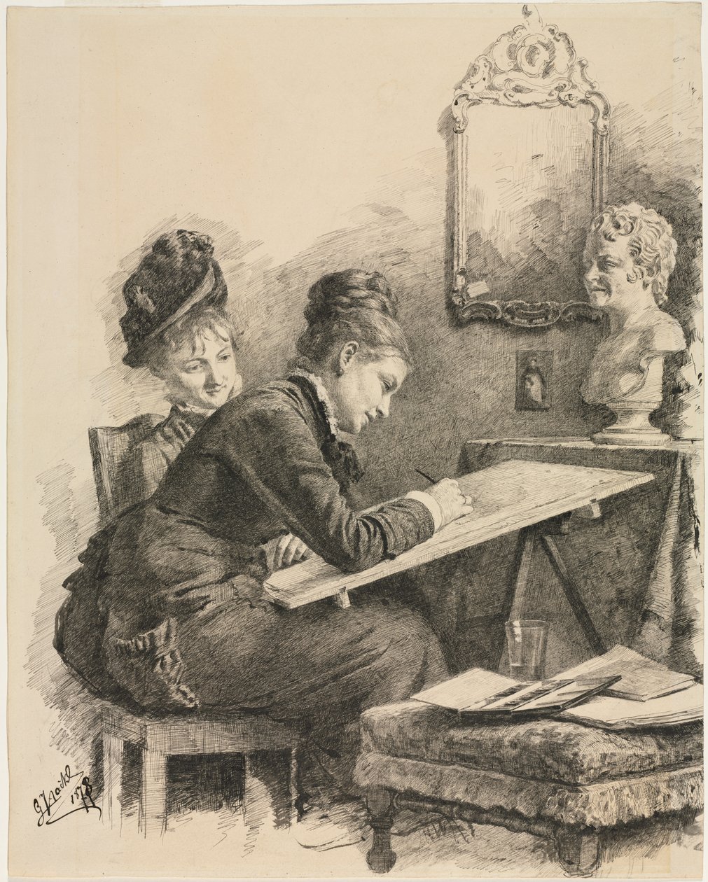 Two Women Sketching a Sculpture, 1878. de Gabriel von Hackl