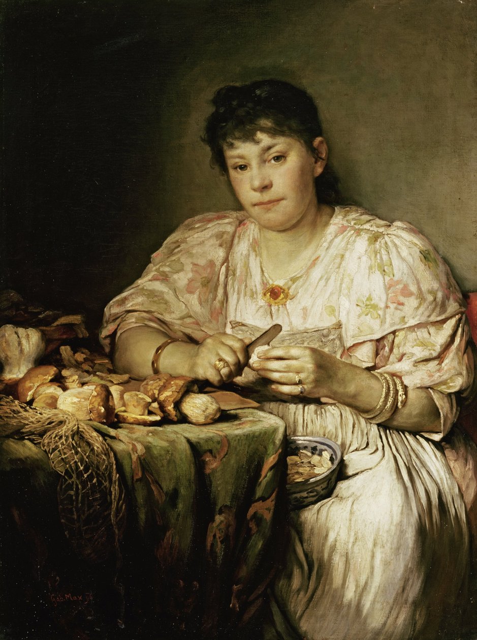 Ernestine von Max, a esposa do artista, descascando cogumelos de Gabriel von Max