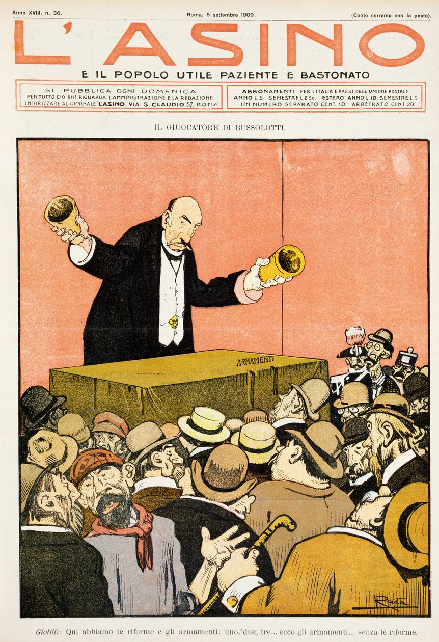 Jogador de jogos da Shell, desenho animado satírico dedicado a Giovanni Giolitti (1842-1928), da revista L