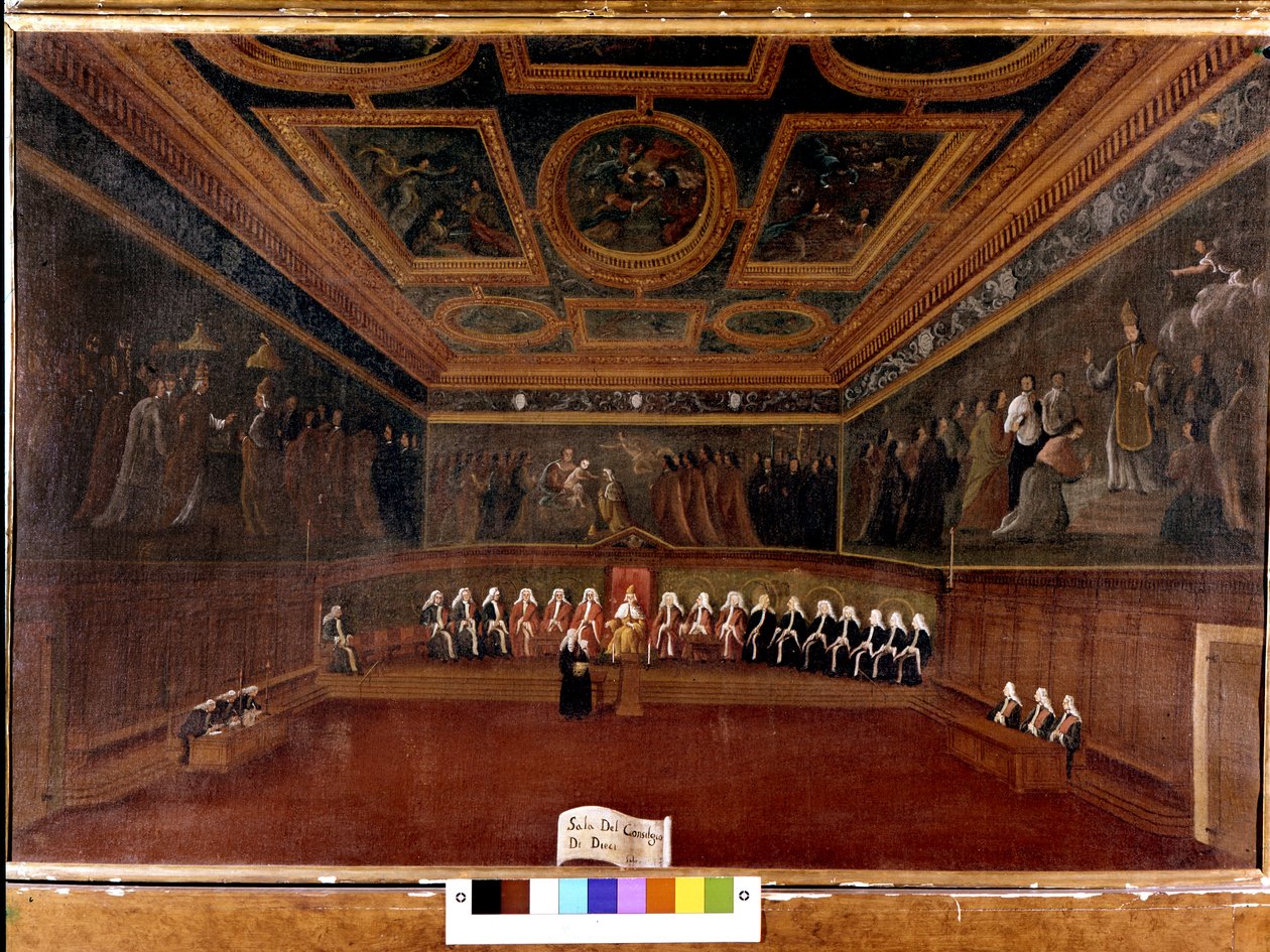 Conselho dos Dez no Palácio dos Doges no século XVIII - Sala Del Consilgio di Dieci 1725 - A Sala do Conselho dos Dez, Palácio dos Doges, Veneza (18) por Gabriele Bella (1730 - 1799) - O Doge e o Conselho dos Dez. Museu Correr. Veneza de Gabriele Bella