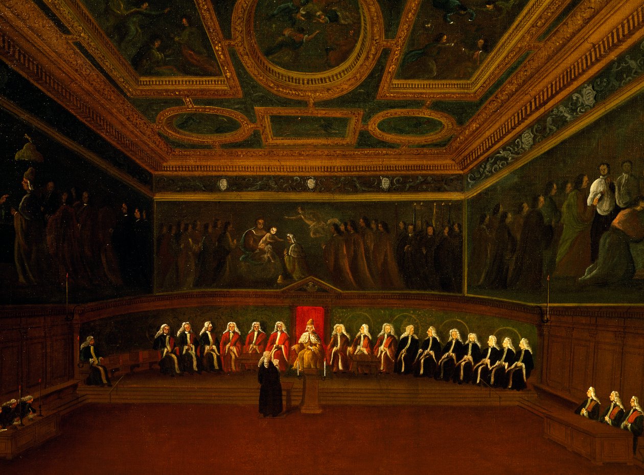 Salão do Conselho dos Dez em Veneza, por Gabriel Bella (1730-1799), óleo sobre tela, 94x147 cm, Itália de Gabriele Bella