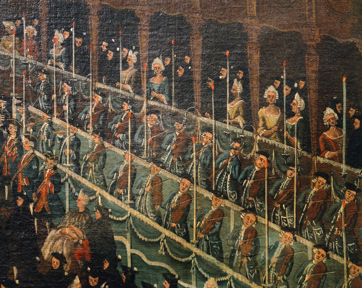 Músicos, detalhe do Almoço no Teatro San Beneto oferecido por Doge em homenagem aos príncipes do norte, Veneza, por Gabriel Bella (1730-1799), Óleo sobre tela de Gabriele Bella