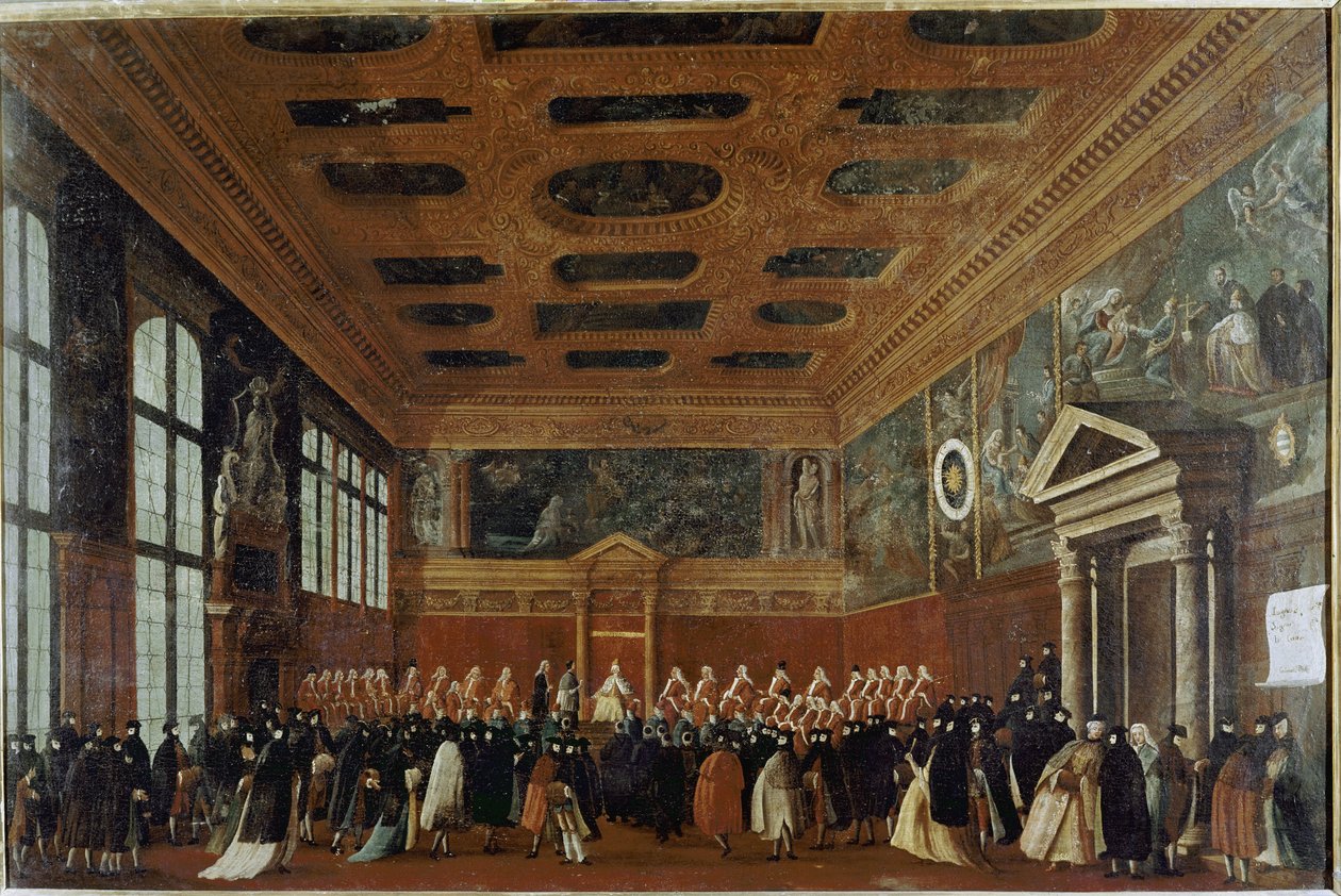 Recepção de Embaixadores no Colégio (Veneza, recepção de um embaixador no Colégio) - Pintura de Gabriele Bella (ca. 1730-1799), óleo sobre tela, 99x150 cm. Veneza, Fundação Querini Stampalia de Gabriele Bella
