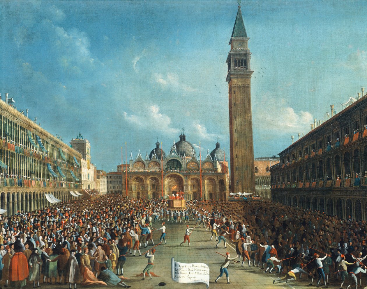 O Doge sendo carregado triunfantemente e espalhando dinheiro na Piazza San Marco (Praça de São Marcos) de Gabriele Bella