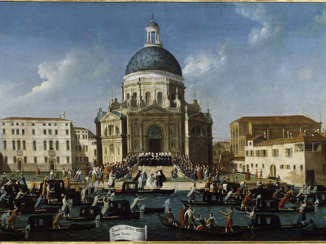 O casamento de uma nobre senhora em Santa Maria della Salute (Sposalizio di una nobil dama a Venezia em Santa Maria della Salute) - Pintura de Gabriele Bella (ca. 1730-1799), 94x148 cm. Veneza, Fundação Querini Stampalia de Gabriele Bella