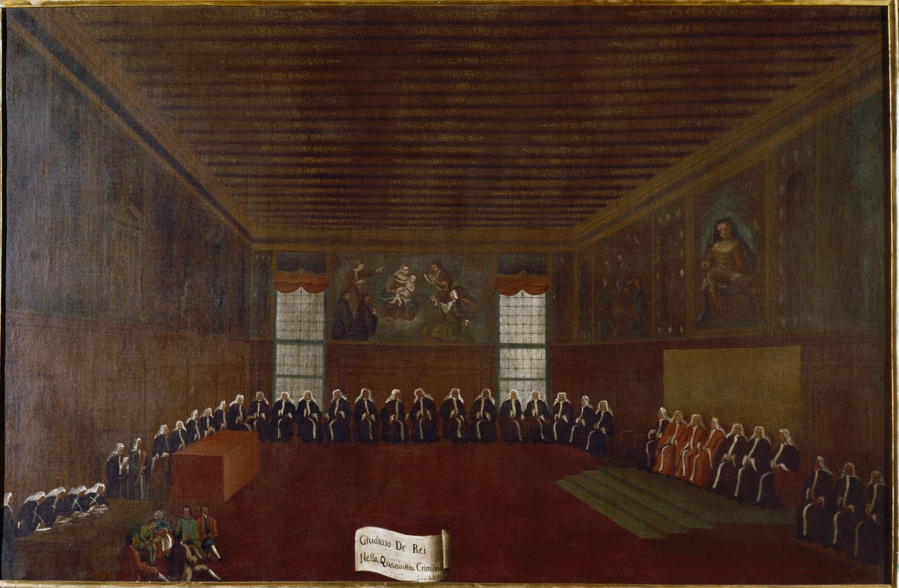 Vista da sala da Quarentena Criminal, Supremo Tribunal ou Conselho dos Quarenta Pintura de Gabriele Bella (1733-1799) Veneza do século XVIII, Fondazione "Querini Stampalia". de Gabriele Bella
