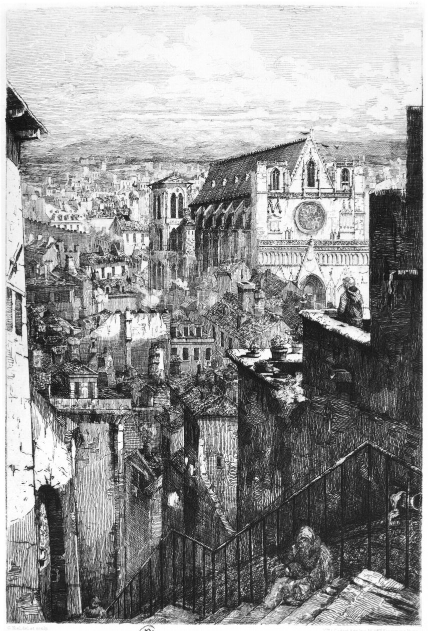 Vista, de, são-jean, igreja, lyon, mid-19th, século, (bw, photo) de Gabrielle Marie Niel
