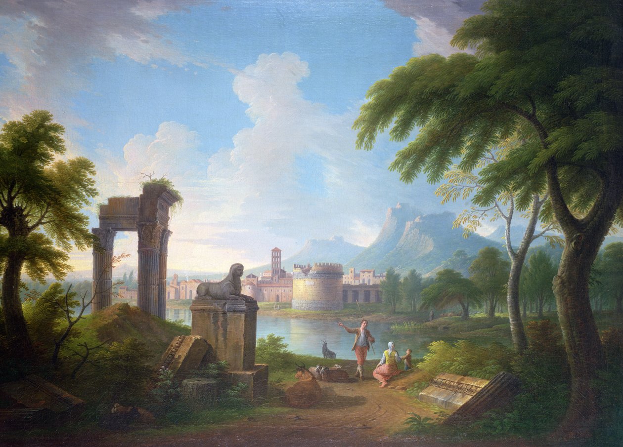 Paisagem montanhosa do rio com a tumba de Cecilia Metella e o Campanile de Campovaccino, 1752 (óleo sobre tela sobre maçonita) de Gabrielle Ricciardelli