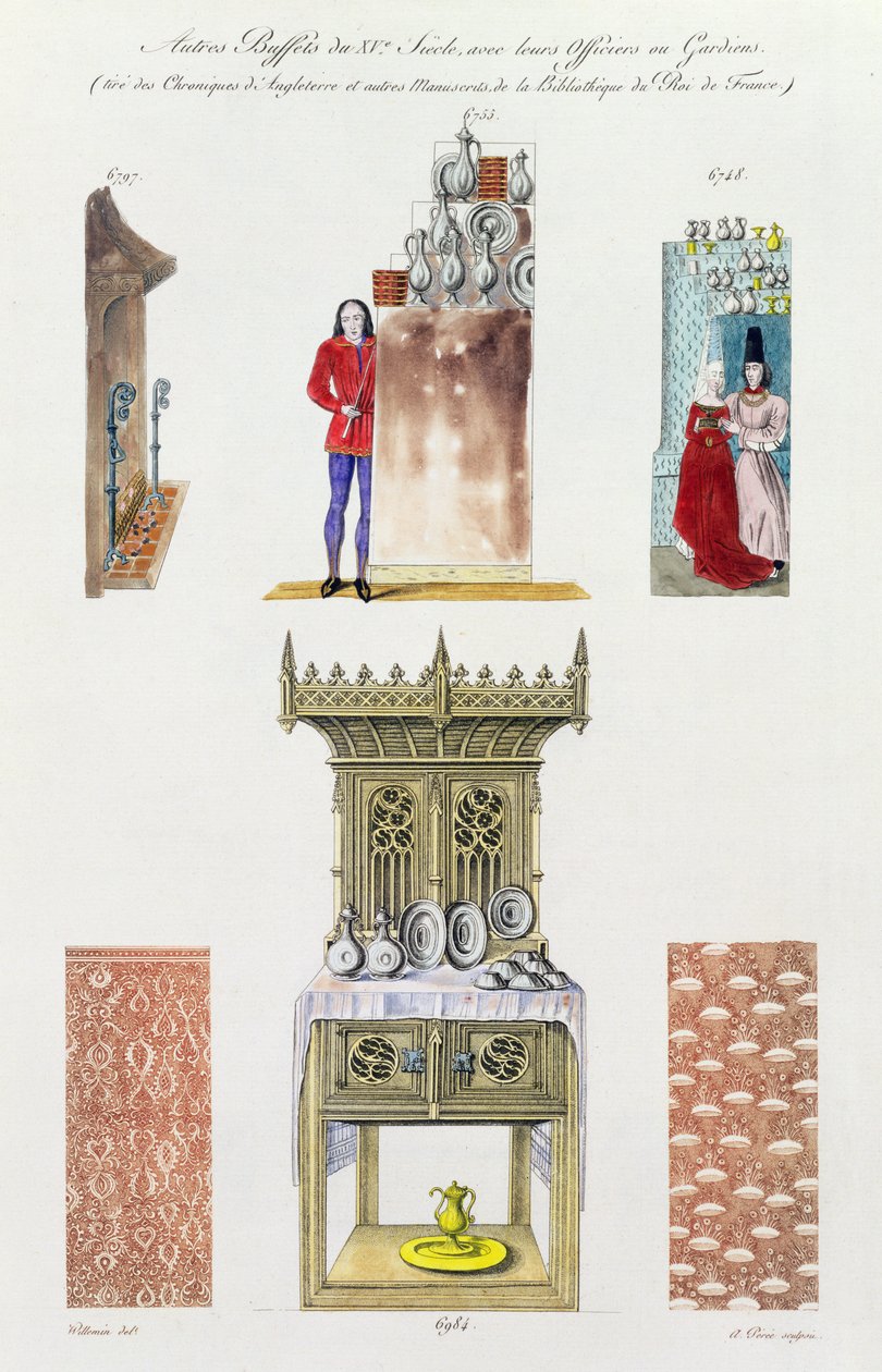 Mobiliário do século XV, de "Monuments Français", litografia de Amedee Peree, 1839 de Gabrielle Willemin
