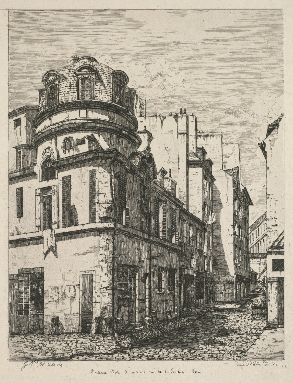 Gravuras de Paris Antiga: Antiga escola de medicina rue de la Bûcherie ..., 1865. de Gabrielle Marie Niel