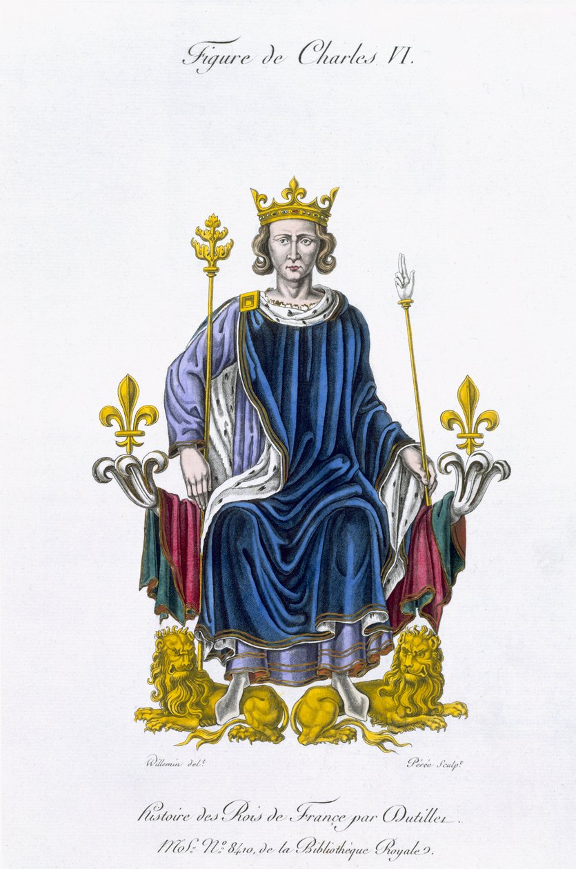 Figura de Carlos VI, gravado por Amedee Peree, de "História dos Reis da França" (cor lito) de Gabrielle Willemin