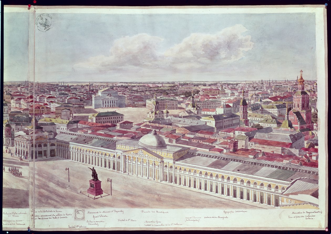 Panorama de Moscou, representando a loja de departamentos &39;Gum&39; e o Teatro Bolshoi na Praça Vermelha, 1819 (ver 170139-170146) de Gadolle