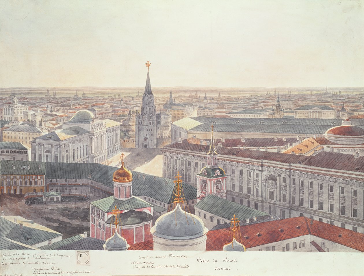 Panorama de Moscou, representando o antigo Palácio do Senado (agora o Gabinete), Mosteiro Wosnesenskoy e o antigo Arsenal, 1819 (ver 17039-170146) de Gadolle