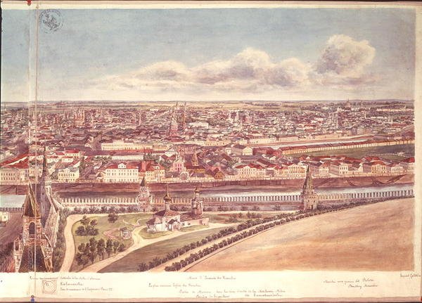 Panorama de Moscou, representando as muralhas do Kremlin e o rio Moskva, 1819 (wc no papel) (ver 170139-170145) de Gadolle