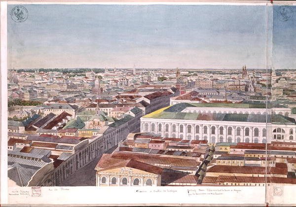Panorama de Moscou, representando a antiga praça do mercado e Bolsa de Valores em Gostiny Dvor, 1819 (wc no papel) (ver 170139-170146) de Gadolle