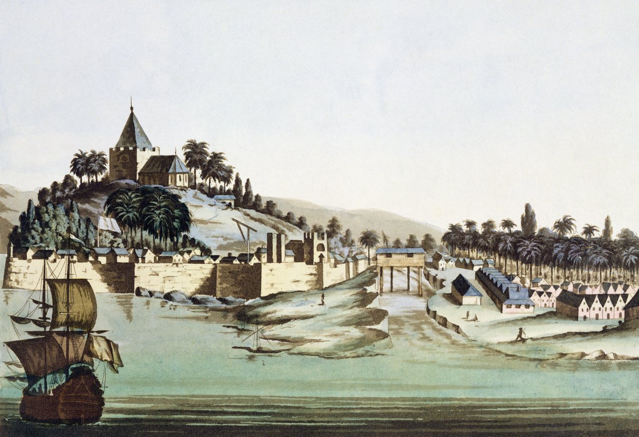 O porto e a cidade de Malaca, na Malásia, ilustração de &39;Le Costume Ancien et Moderne&39;, de Giulio Ferrario, publicada em c.1820s-30s de Gaetano Zancon