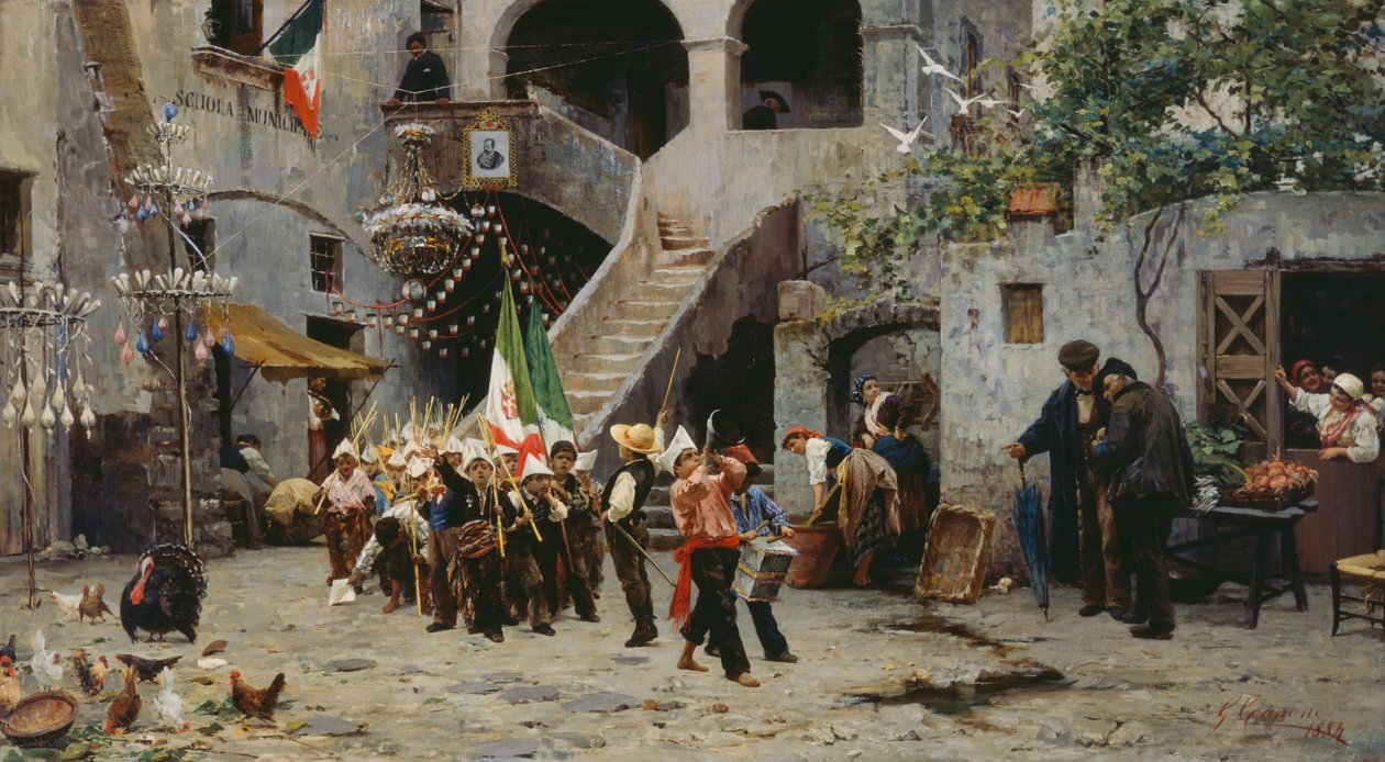 Longa vida ao rei, procissão de crianças com bandeira italiana de Gaetano Capone