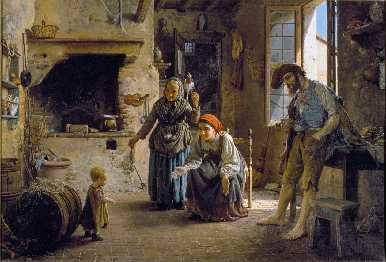 Os primeiros passos de uma criança Pintura de Gaetano Chierici (1838-1920) 1865 Dim 70x100 cm Genes, Galleria d