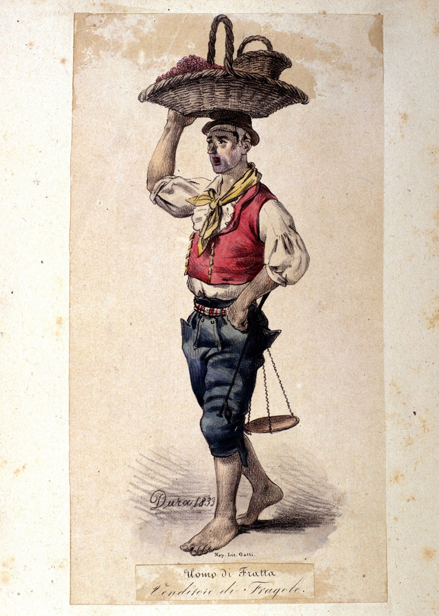 O pequeno metier napolitano: o vendedor de morangos. Litografia de G. Dura de Gaetano Dura